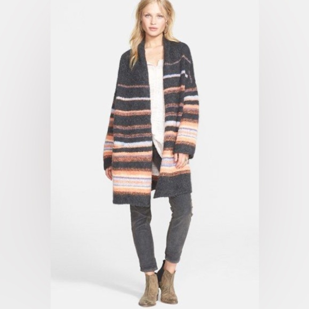 Free People Alpaca Stripe Open Cardigan Coat Charcoal Combo M